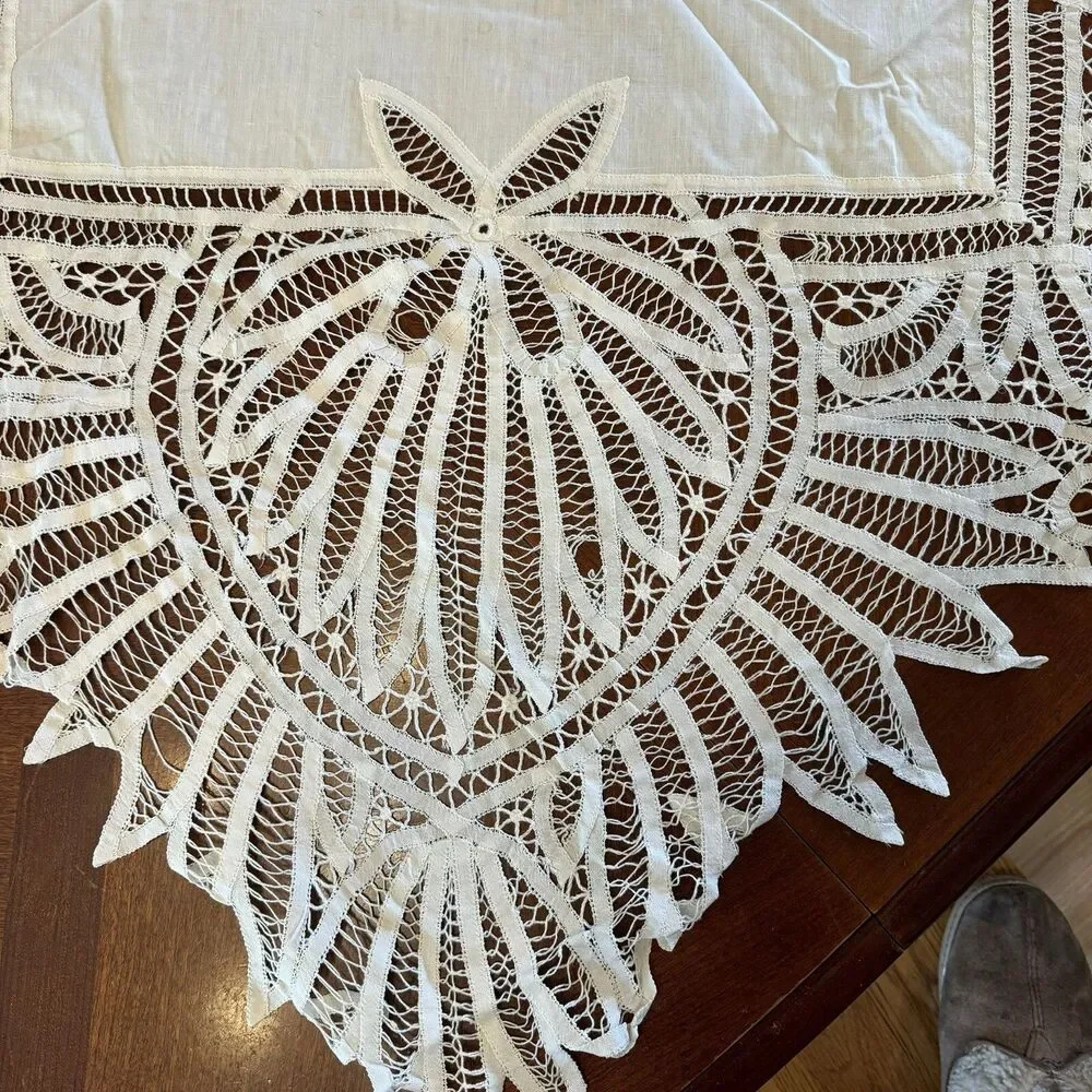 Antique TableCloth Battenburg Lace Handmade 44” Square With Hand Stitches Cotton